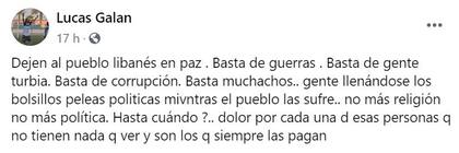 "Dejen al pueblo libanés en paz", el ruego de Lucas Galan en Facebook