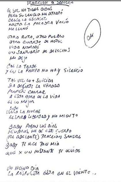 El año pasado, con motivo del sexto aniversario de su fallecimiento, su familia publicó el manuscrito del tema Tracción a sangre de su disco Fuerza Natural