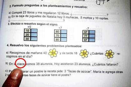 "En la clace somos 38 alumnos", dice una de las páginas del libro que distribuyó el Ministerio de Educación