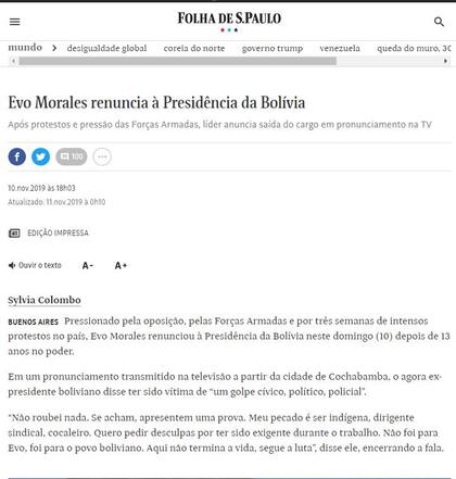 "Evo Morales renuncia a la presidencia de Bolivia", tituló el diario brasileño