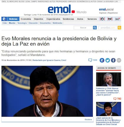 "Evo Morales renuncia a la presidencia de Bolivia y deja la Paz en avión", tituló el diario chileno El Mercurio