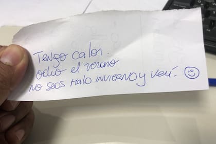"Tengo calor, odio el verano. No seas malo, invierno y vení", dice el papelito del usuario @capochatv