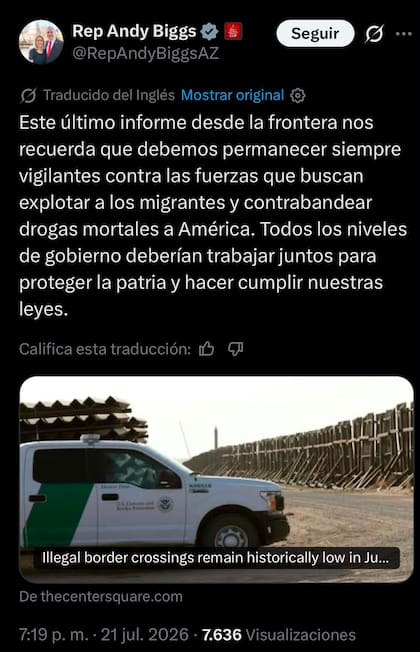 Andy Biggs se refirió a los datos de junio sobre cruces fronterizos ilegales