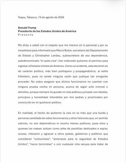 Andy Obrador Beltrán acusa a la administración Trump de suspenderle su visa por un factor político