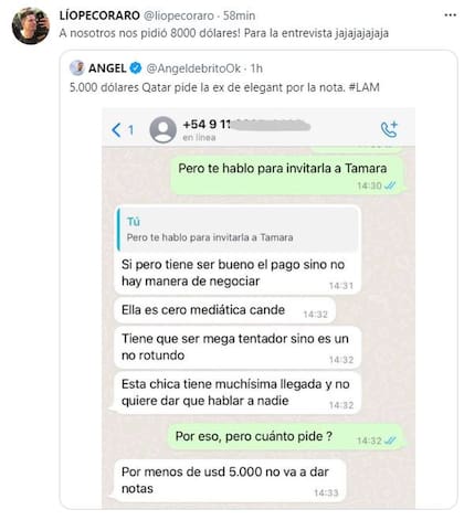 Ángel de Brito y Lío Pecoraro afirmaron la exorbitante cifra que pide Tamara Báez para dar una nota en televisión