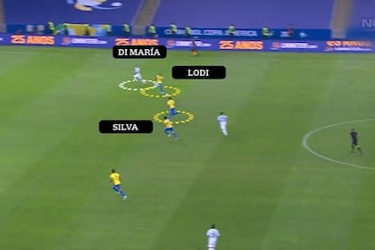 Angel Di María buscando "atacar el espacio" a las espaldas del lateral Lodi y Thiago Silva; por allí vino el gol que valió un título para la selección Argentina