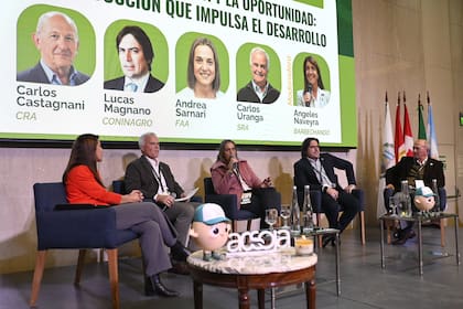 Ángeles Naveyra, moderadora por la Fundación Barbechando; Carlos Uranga (SRA), Andrea Sarnari (FAA), Lucas Magnano (Coninagro) y Carlos Castagnani (CRA)