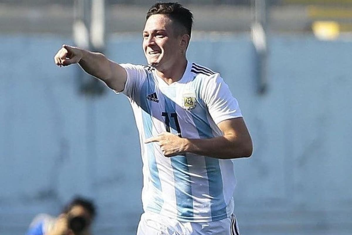 Aníbal Moreno festeja un gol con la selección Sub 20 ante Uruguay, en el Sudamericano 2019; ahora tendrá otra chance en celeste y blanco con Scaloni