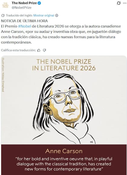 Anne Carson, ganadora del Premio Nobel de Literatura