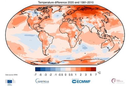 Anomalía de temperatura en 2020 respecto al promedio 1980-2010