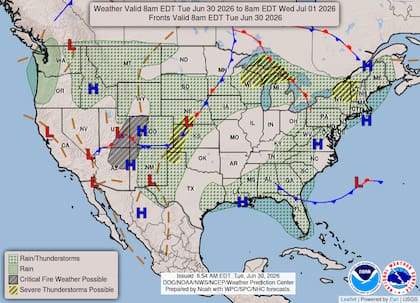 Ante el desplazamiento de un frente frío desde las Grandes Llanuras hacia los Grandes Lagos, el Centro de Predicción de Tormentas alertó sobre la formación de tormentas capaces de generar granizo de gran tamaño y ráfagas de viento destructivas