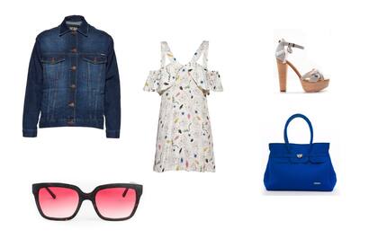 Anteojos (Absurda) Campera y vestido (AyNotDead, $2785 y $4685) Sandalias (Clara Barcelo, $2660) Cartera (Vallilas, $1290)