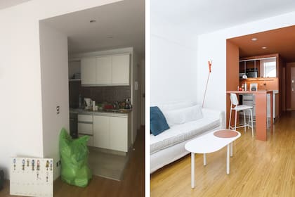 ANTES: alacena de melamina blanca.
DESPUÉS: se cambiaron los frentes por espejo para aprovechar el mueble, sin necesidad de apelar a un laqueado para cambiarle la onda. Mesa ratona ‘Pastilla’ (Números Primos).
