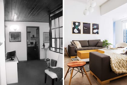 ANTES: Cielos rasos de madera deteriorados, pisos rotos y una distribución muy compartimentada. DESPUÉS: Se integraron todos los ambientes que rodean el patio eliminando varios tabiques y reforzando la estructura con vigas metálicas. Se quitó el cielo raso de madera y se cambiaron los pisos.