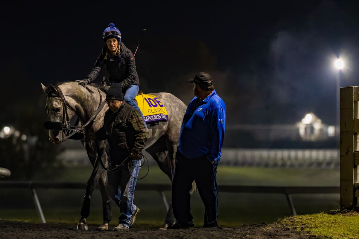 Antes de la salida del sol, Napoleón Solo ya comienza a caminar en la pista de Keeneland, con Emily Ellingwood sobre su montura y parte del equipo al lado