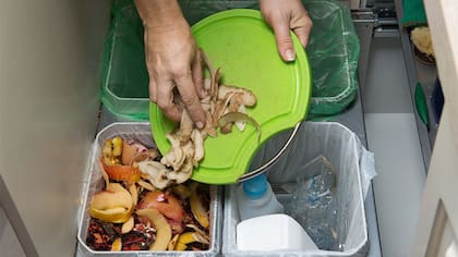 Antes de tirar la materia orgánica, en el fondo del tacho poné una servilleta de papel para que absorba los líquidos y/o espolvoreá bicarbonato de sodio