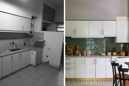 Antes: Decidieron conservar la disposición del equipamiento de cocina. Después: Los colocaron en sentido vertical con pastina gris.