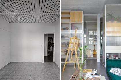 ANTES: delimitado por una pared, el living tenía una cubierta metálica y piso cerámico. DESPUÉS: divisiones traslúcidas, el hormigón a la vista y piso de microcemento alisado.