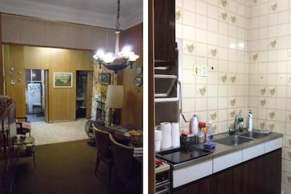ANTES: El antiguo living y, más allá, la vieja cocina, cuyo detalle se ve a la derecha.