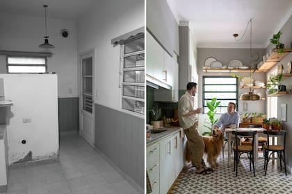 Antes: El muro que separaba la cocina y el lavadero fue demolido. Después: se generó una nueva conexión con el jardín de invierno de la casa y se modificó el piso, optando por un diseño geométrico en blanco y gris.