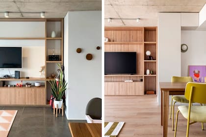Antes: enchufes y cables a la vista, piso cerámico.
Después: mueble de recepción con cuadro (Pared) y aplique 'Capri' (Dimm). El sector de TV se renovó con el fondo engamado.