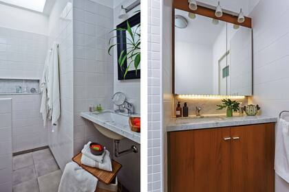 Antes (izq.) y después (der.). En el espejo del baño y también en la alacena de la cocina, las tiras de led son un recurso eficaz para reforzar la iluminación y crear un ambiente agradable.