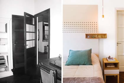 ANTES. Las dos habitaciones sobre el frente se usaban como oficinas. DESPUÉS. Se realizó el pulido e hidrolaqueado del piso, se emprolijaron los cielos rasos y se pintaron de blanco, al igual que las puertas y sus marcos.