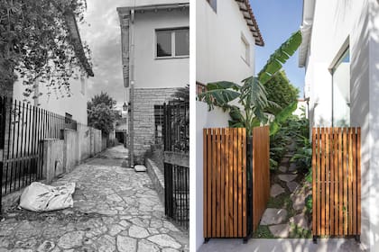 ANTES: todo el exterior tenía piso de lajas. DESPUES: se recuperó el pasto y el jardín se pobló de verde. Cerco y portón en incienso (todo de Urbano Estudio).