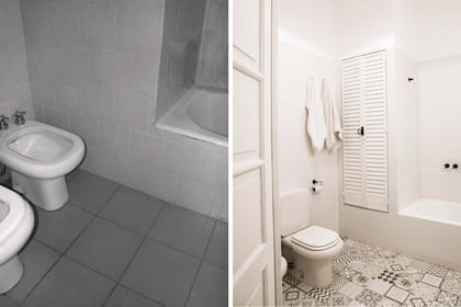 ANTES: Un baño sencillo con piso cerámico. DESPUÉS: revestimiento cerámico ‘Blanco Net Satinado’ (Syria), mueble en guatambú (Dale Diseño) con bachas de apoyo de loza (Bladur) y grifería Hydros ‘Novara Trento’ (Orvesa).