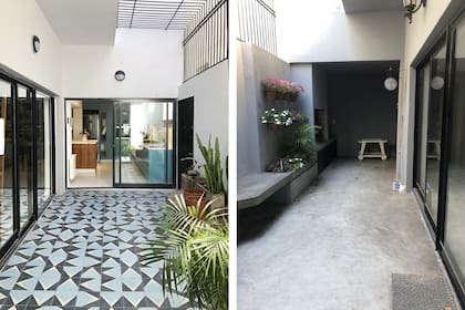 ANTES: un patio con piso de cemento, sin notas llamativas. DESPUÉS: la caja se pintó de blanco para reflejar más luz, el piso de calcáreos 'Cupulino' (Noi Revestimientos) le dio interés y hace la transición al interior.