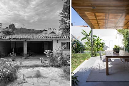 ANTES: un quincho separado de la casa achicaba el jardín. DESPUÉS: nueva pileta y una galería de hierro y madera con mesa en incienso macizo y sillas ‘Luma’ (todo de Urbano Estudio).