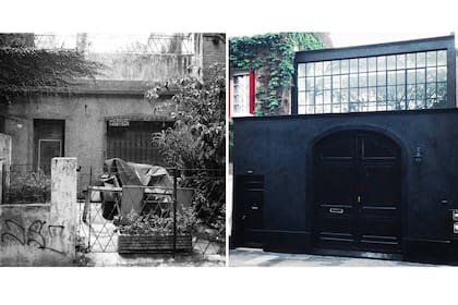Antes: un taller de herrería con rejas bajas y patio delantero. Después: Fachada negra con abertura de demolición que le permitió gozar del patio de manera privada y darse el lujo de paredes vidriadas, también en el segundo piso que construyó.