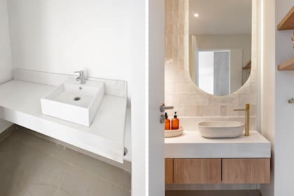 Antes y después. Bacha nueva (cóncavo), grifería y accesorios (Hidromet). Revestimiento en pared (Zellig White, SBG) y objetos (VK Home).
