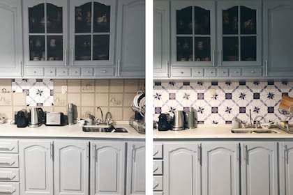 Antes y después de la renovación de una cocina con vinilos en su pared
