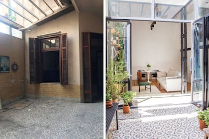 ANTES Y DESPUÉS: Durante la obra, retiraron el piso calcáreo (Moltrasio) para restaurarlo; una vez rediseñado el pario, lo volvieron a colocar.