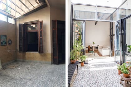 ANTES Y DESPUÉS: El cerramiento a medida (Estudio Yama) se alinea con las columnas de hierro que descubrieron tras demoler la pared. Durante la obra, retiraron el piso calcáreo (Moltrasio) para restaurarlo; una vez rediseñado el pario, lo volvieron a colocar.