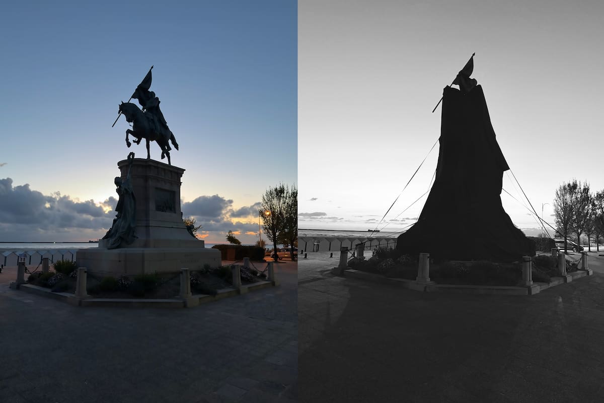 Antes y después, en Boulogne Sur Mer, primera escala de la gira performática de Dolores Cáceres, cuya estrategia es “invisibilizar para hacer visible” al Libertador, en el 175 aniversario de su muerte