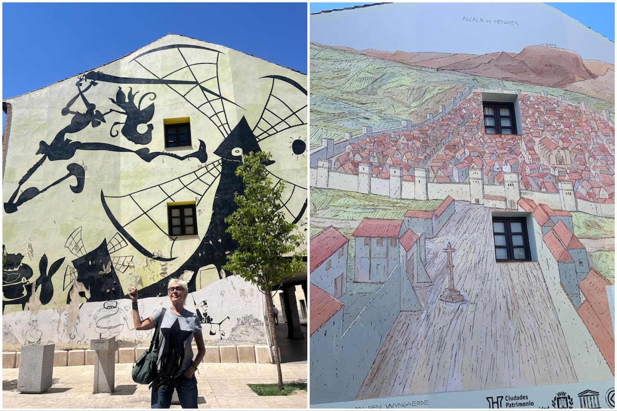 Antes y después: en la izquierda, Maitena en una de las últimas fotos frente al mural que pintó Rep en Alcalá de Henares; a la derecha, cómo luce hoy