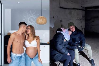 Antes y despues: Giorgi Sudakov con su mujer, Liza, celebrando el embarazo y, más tarde, en un refugio en Kiev, la capital ucraniana