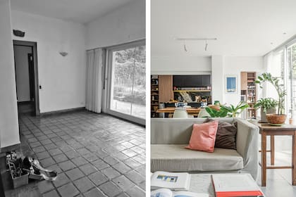ANTES Y DESPUÉS. La unión del antiguo living con la cocina, la dependencia y la galería dio lugar a un amplio sector social.