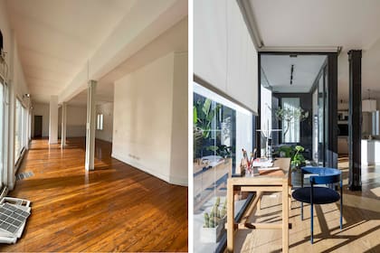 ANTES Y DESPUÉS. Las columnas originales dan la pauta del movimiento que se hizo para generar un semicubierto de lateral transparente.