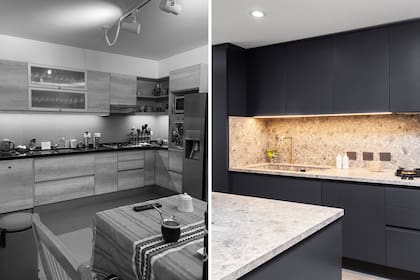 ANTES Y DESPUÉS. Las mesadas que resultaban angostas cedieron el lugar a una amplia superficie de trabajo. La mesa se reemplazó por la isla y los nuevos muebles (DIPA Arquitectos) con frente laqueado tienen una vista unificada.
