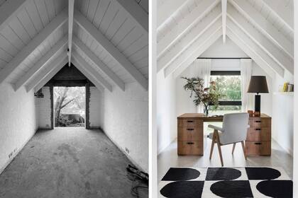 ANTES Y DESPUÉS. Misma estructura, con interiores y prestaciones actualizadas. A pedido del dueño de casa, el estudio diseñó un escritorio de medidas generosas. Alfombra (Caucus Lab).