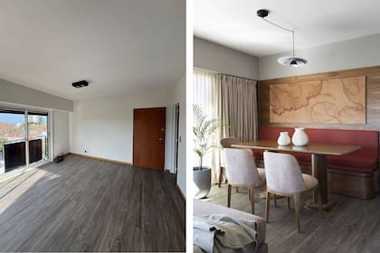 ANTES Y DESPUÉS. Revestimiento de petiribí contra la pared del fondo, cortinados generosos de buena caída (Abax Deco) y una obra de arte de Studio Lola Perez.