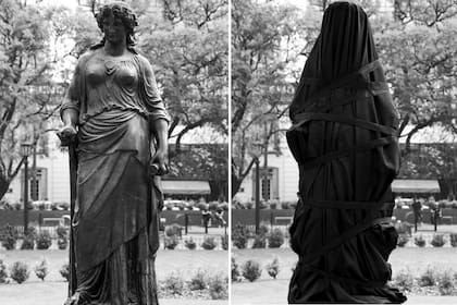 Antes y después: una de las siete esculturas que representan a diosas griegas en la plaza Colón, en Córdoba, luego intervenida por Dolores de Argentina