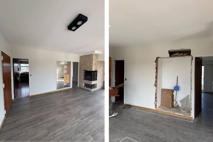 ANTES Y DURANTE. Se desmontó un placard en el living para dejar libre el nicho y usarlo como soporte de la TV.