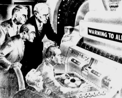 Antigua ilustración de la supercomputadora Multivac, inventada por la imaginación de Isaac Asimov