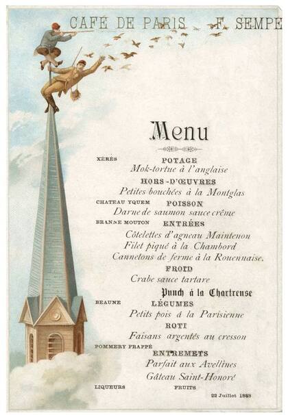 Antiguo menú del Café de Monsieur Sempé. En francés, por supuesto, como indicaban las tradiciones del buen comer de la época.