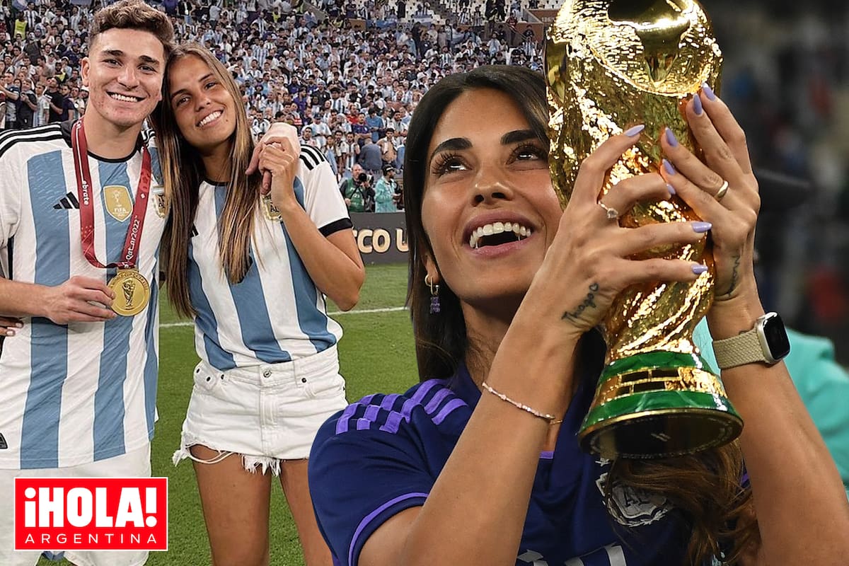 Antonela con la copa en alto y Julián Álvarez junto a su novia Emilia Ferrero.