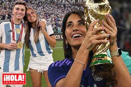 Antonela con la copa en alto y Julián Álvarez junto a su novia Emilia Ferrero.